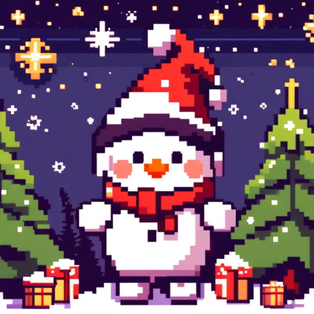 Pixel art PFP featuring a cute snowman with a Santa hat, standing next to a decorated Christmas tree under a starry night sky