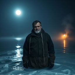 A poor man standing shivering in a cold lake during a winter night, dressed in simple, worn clothes