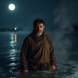 A poor man standing shivering in a cold lake during a winter night, dressed in simple, worn clothes