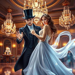 A captivating fantasy romance book cover featuring a handsome male character with magic sparks emanating from his hands, wearing a stylish top hat