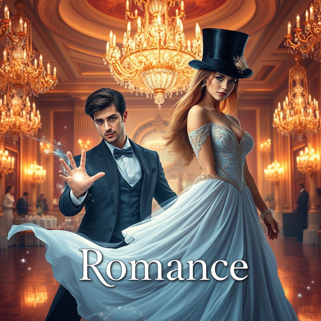 A captivating fantasy romance book cover featuring a handsome male character with magic sparks emanating from his hands, wearing a stylish top hat