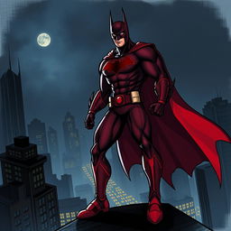 A dramatic illustration of a superhero inspired by Batman, wearing a striking dark red costume