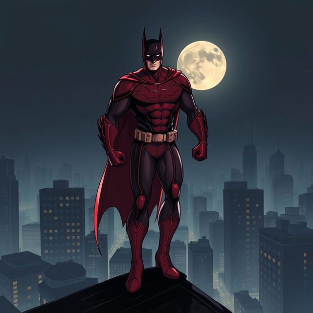 A dramatic illustration of a superhero inspired by Batman, wearing a striking dark red costume