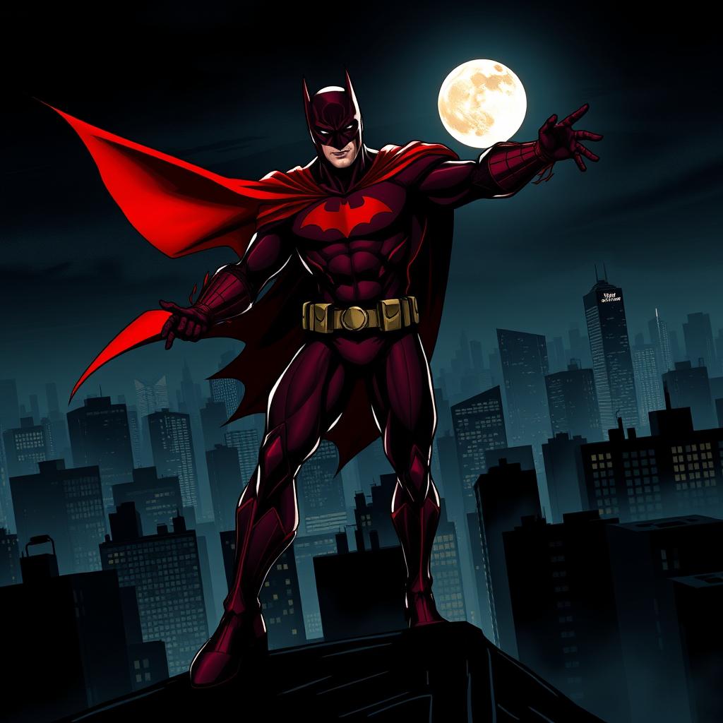 A dramatic illustration of a superhero inspired by Batman, wearing a striking dark red costume