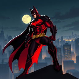 A dramatic illustration of a superhero inspired by Batman, wearing a striking dark red costume