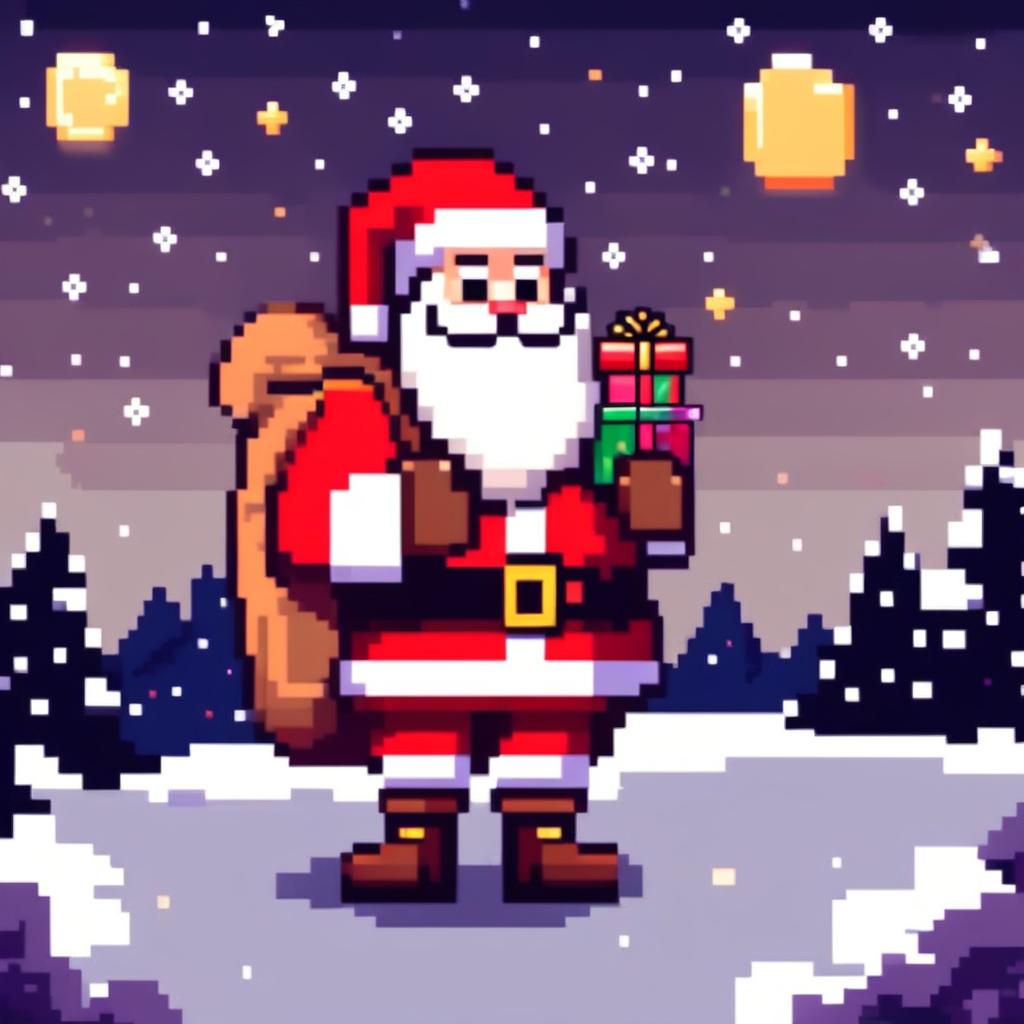 Pixel art PFP of Santa Claus with a sack full of gifts, standing in a snowy landscape under a starry night sky.