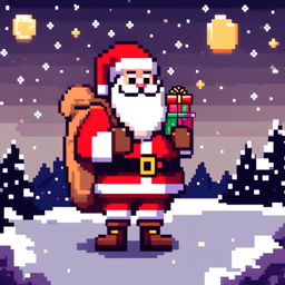 Pixel art PFP of Santa Claus with a sack full of gifts, standing in a snowy landscape under a starry night sky.