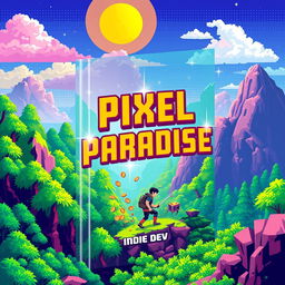 A vibrant and colorful book cover design for 'Pixel Paradise' by Indie Dev