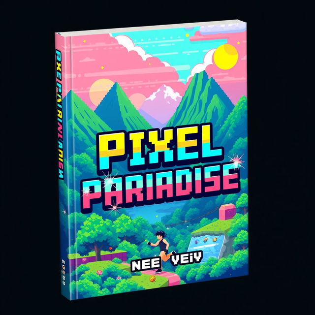 A vibrant and colorful book cover design for 'Pixel Paradise' by Indie Dev