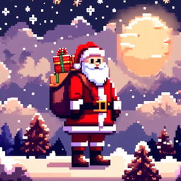 Pixel art PFP of Santa Claus with a sack full of gifts, standing in a snowy landscape under a starry night sky.