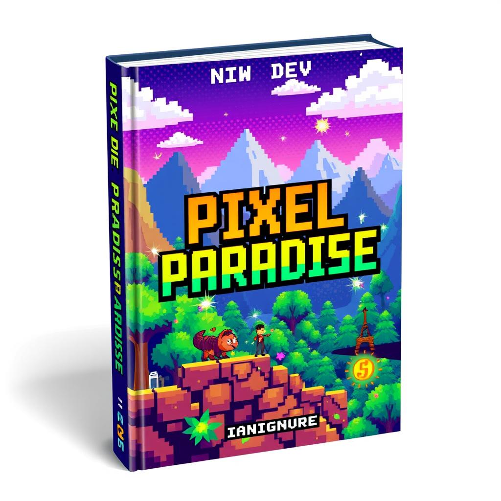 A vibrant and colorful book cover design for 'Pixel Paradise' by Indie Dev