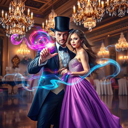 A fantasy romance book cover featuring a handsome male magician wearing a stylish top hat, surrounded by colorful magic sparks emanating from his fingertips
