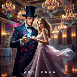 A fantasy romance book cover featuring a handsome male magician wearing a stylish top hat, surrounded by colorful magic sparks emanating from his fingertips