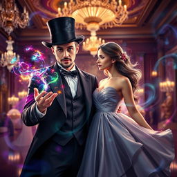 A fantasy romance book cover featuring a handsome male magician wearing a stylish top hat, surrounded by colorful magic sparks emanating from his fingertips