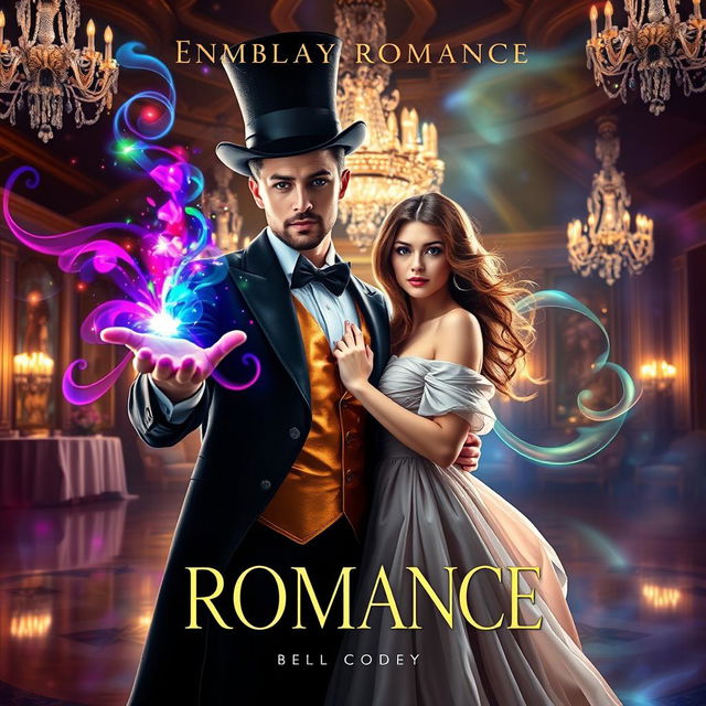 A fantasy romance book cover featuring a handsome male magician wearing a stylish top hat, surrounded by colorful magic sparks emanating from his fingertips