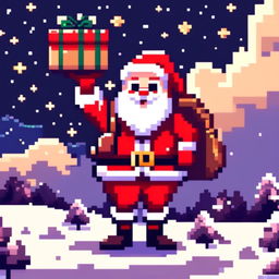 Pixel art PFP of Santa Claus with a sack full of gifts, standing in a snowy landscape under a starry night sky.