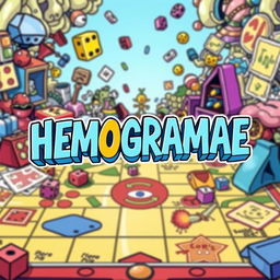 A lively and colorful illustration featuring a detailed board game as the background, filled with various game pieces, dice, and cards that evoke a sense of fun and adventure