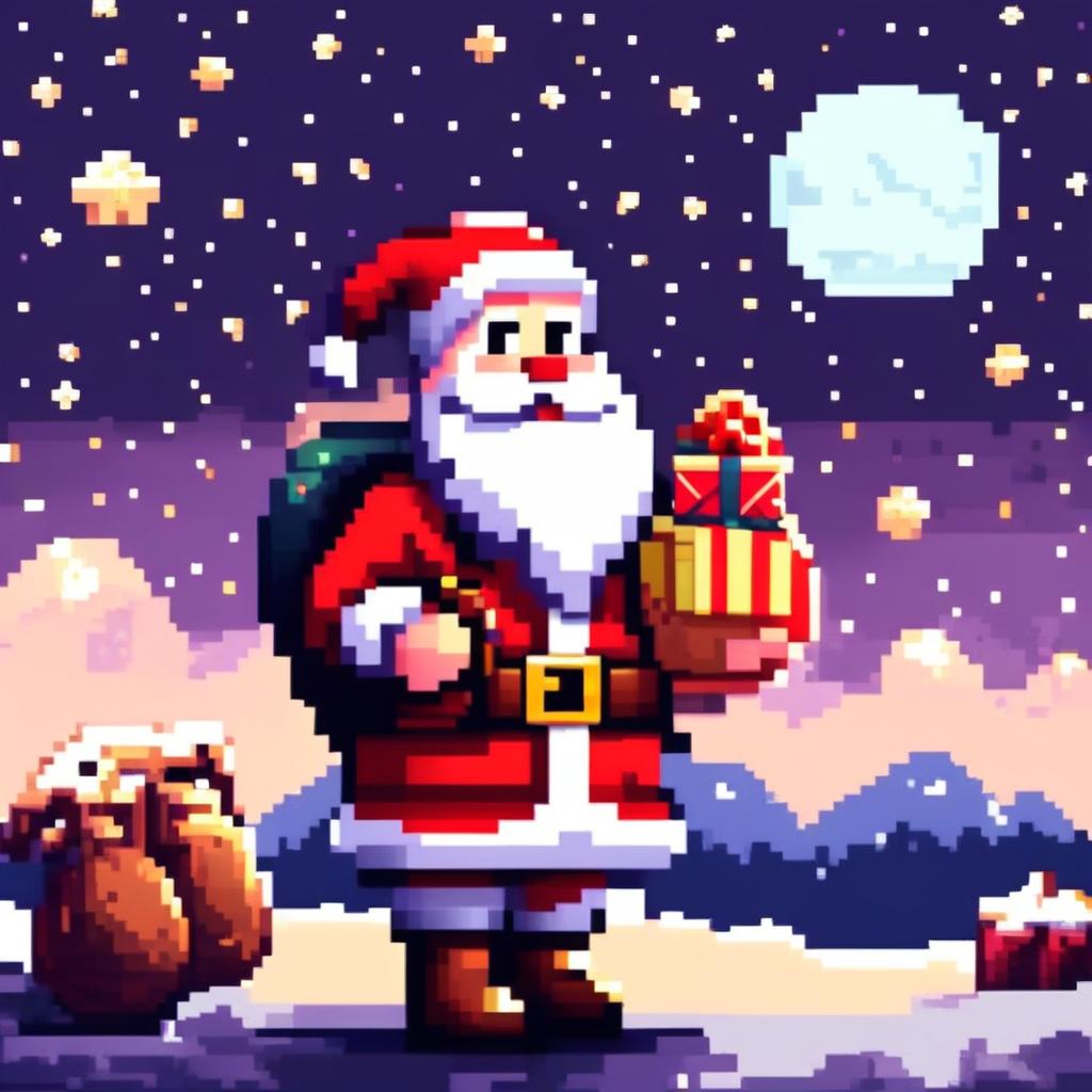 Pixel art PFP of Santa Claus with a sack full of gifts, standing in a snowy landscape under a starry night sky.