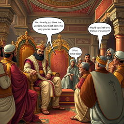 The Mughal court scene featuring Emperor Akbar sitting majestically on a lavish throne, adorned in rich, elaborate clothing, listening intently to a humble, weary-looking man in simple attire, expressing hope as he requests his promised reward