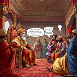 The Mughal court scene featuring Emperor Akbar sitting majestically on a lavish throne, adorned in rich, elaborate clothing, listening intently to a humble, weary-looking man in simple attire, expressing hope as he requests his promised reward