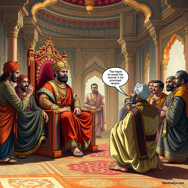 The Mughal court scene featuring Emperor Akbar sitting majestically on a lavish throne, adorned in rich, elaborate clothing, listening intently to a humble, weary-looking man in simple attire, expressing hope as he requests his promised reward