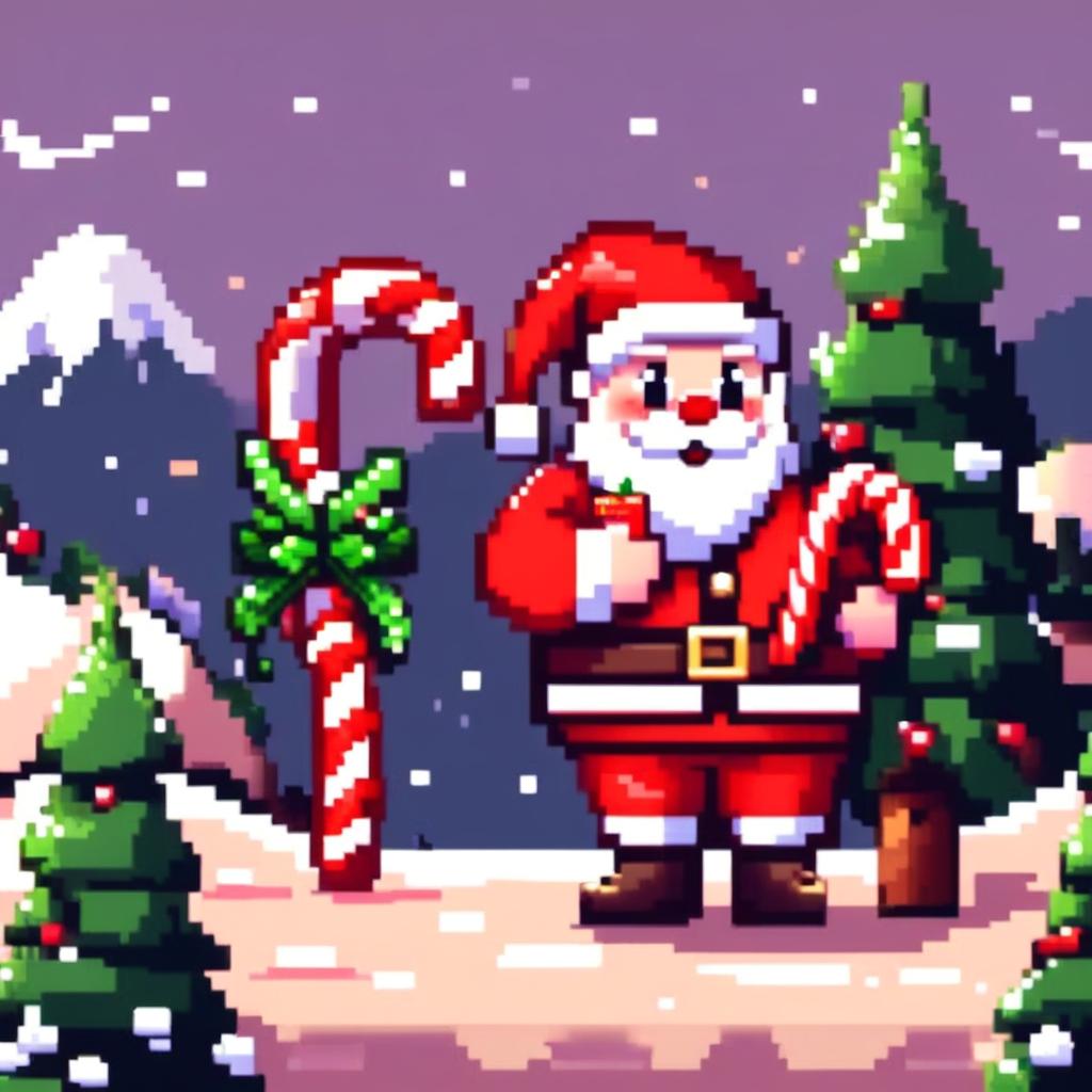 Pixel art PFP of a cute Santa Claus holding a candy cane, standing in a snowy landscape with a Christmas tree.