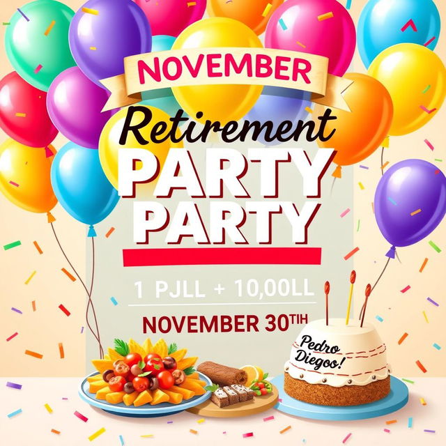 A vibrant and festive poster announcing a retirement party for Pedro and Diego on November 30th