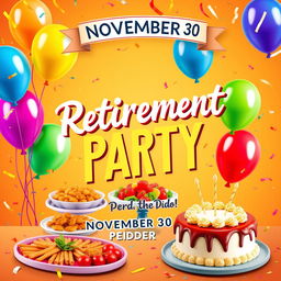 A vibrant and festive poster announcing a retirement party for Pedro and Diego on November 30th