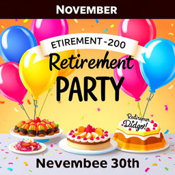 A vibrant and festive poster announcing a retirement party for Pedro and Diego on November 30th