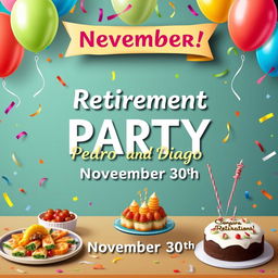 A vibrant and festive poster announcing a retirement party for Pedro and Diego on November 30th