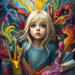 A girl with light blonde hair being pulled into a vibrant world of creativity, surrounded by colorful swirling paints, vivid art supplies, and whimsical elements like floating musical notes and dancing paintbrushes