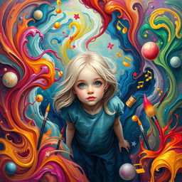 A girl with light blonde hair being pulled into a vibrant world of creativity, surrounded by colorful swirling paints, vivid art supplies, and whimsical elements like floating musical notes and dancing paintbrushes