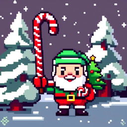 Pixel art PFP of a cute Santa Claus holding a candy cane, standing in a snowy landscape with a Christmas tree.