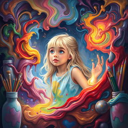 A girl with light blonde hair being pulled into a vibrant world of creativity, surrounded by colorful swirling paints, vivid art supplies, and whimsical elements like floating musical notes and dancing paintbrushes