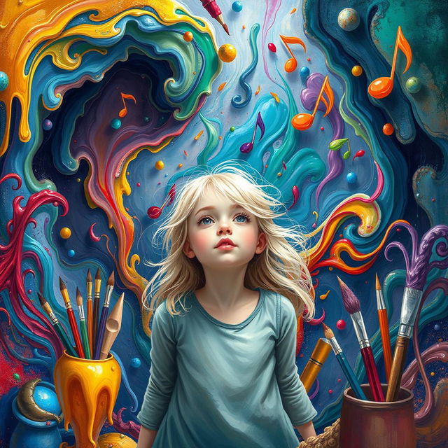 A girl with light blonde hair being pulled into a vibrant world of creativity, surrounded by colorful swirling paints, vivid art supplies, and whimsical elements like floating musical notes and dancing paintbrushes