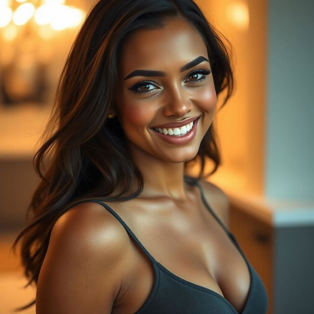 A close-up portrait of a stunning woman with a captivating smile and expressive eyes, combined with an incredibly attractive body showcasing confidence and allure