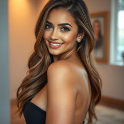 A close-up portrait of a stunning woman with a captivating smile and expressive eyes, combined with an incredibly attractive body showcasing confidence and allure