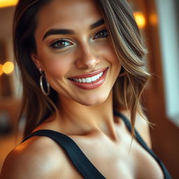 A close-up portrait of a stunning woman with a captivating smile and expressive eyes, combined with an incredibly attractive body showcasing confidence and allure