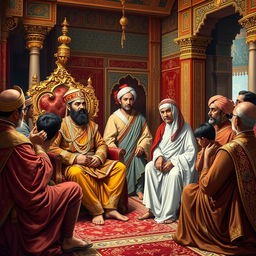 A richly detailed depiction of the Mughal court with Emperor Akbar seated majestically on his ornate throne, adorned in traditional Mughal attire
