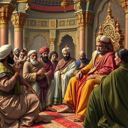 A richly detailed depiction of the Mughal court with Emperor Akbar seated majestically on his ornate throne, adorned in traditional Mughal attire