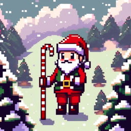 Pixel art PFP of a cute Santa Claus holding a candy cane, standing in a snowy landscape with a Christmas tree.