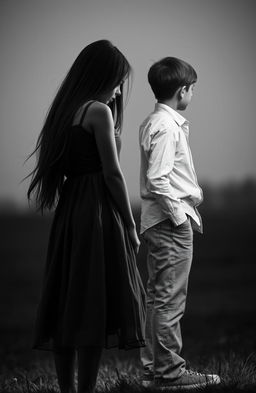 A poignant scene capturing a sad love story, featuring a girl and a boy standing back to back in opposite directions, symbolizing their emotional distance