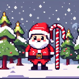 Pixel art PFP of a cute Santa Claus holding a candy cane, standing in a snowy landscape with a Christmas tree.