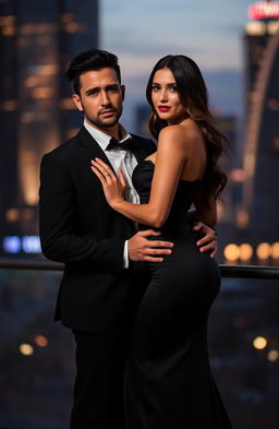 A sophisticated couple posing elegantly, the woman dressed in a sleek, form-fitting gown that highlights her curves, and the man wearing a tailored suit that complements her attire