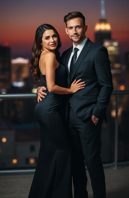 A sophisticated couple posing elegantly, the woman dressed in a sleek, form-fitting gown that highlights her curves, and the man wearing a tailored suit that complements her attire