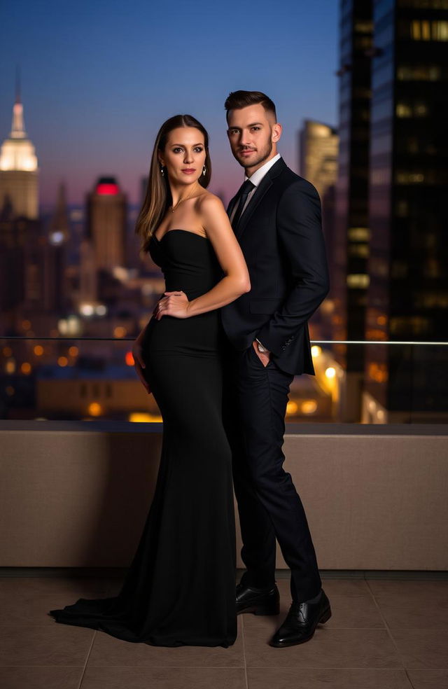 A sophisticated couple posing elegantly, the woman dressed in a sleek, form-fitting gown that highlights her curves, and the man wearing a tailored suit that complements her attire