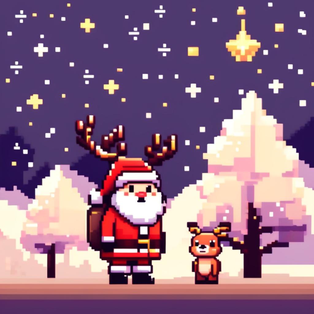 Pixel art PFP of a cute Santa Claus with a reindeer, standing in a snowy landscape under a starry night sky.