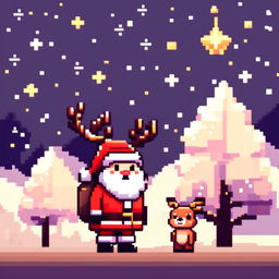 Pixel art PFP of a cute Santa Claus with a reindeer, standing in a snowy landscape under a starry night sky.