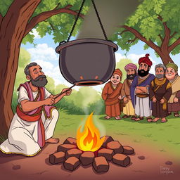 An amusing scene depicting Birbal cooking in an open-air setup