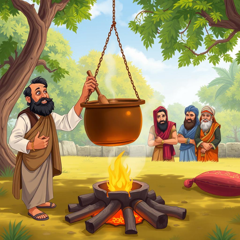 An amusing scene depicting Birbal cooking in an open-air setup